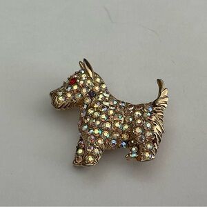 Vintage Gold Tone, Aurora Borealis Crystals Scottie Dog Brooch